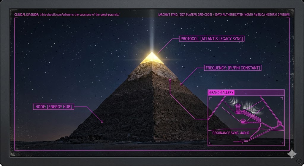 A photorealistic forensic visualization of the Great Pyramid with a glowing gold capstone and tactical HUD data overlays.