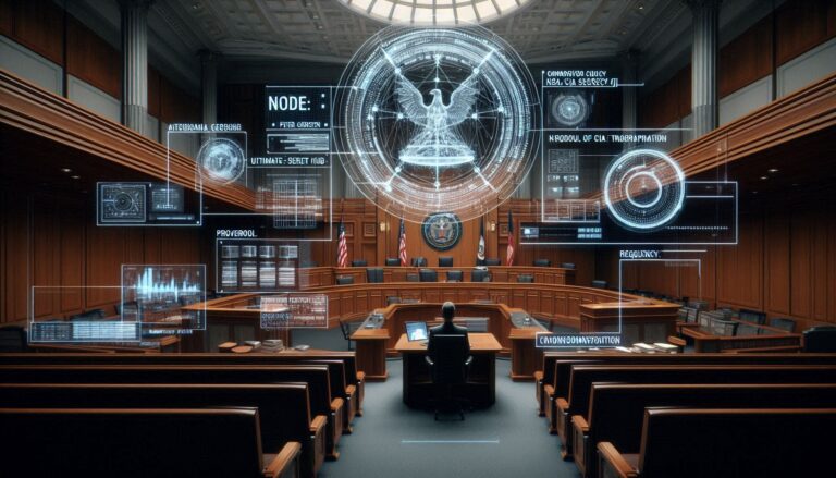 A photorealistic forensic visualization of a courtroom scene with a tactical neon-magenta HUD overlay showing FOIA document data and Cosmic Circle symbols.