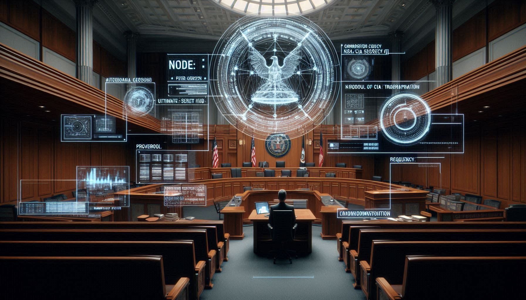 A photorealistic forensic visualization of a courtroom scene with a tactical neon-magenta HUD overlay showing FOIA document data and Cosmic Circle symbols.