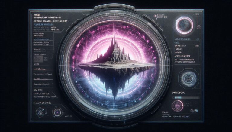 A photorealistic forensic visualization of the Atlantean continent shifting into a purple dimensional limbo with a tactical neon-magenta HUD overlay.