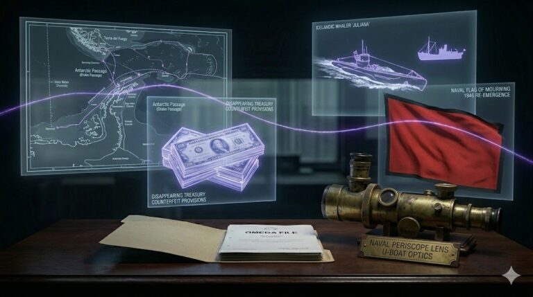 A ghost-unified tactical image showing U-boat maps, whaler silhouettes, and naval flags unified by a glowing violet thread.