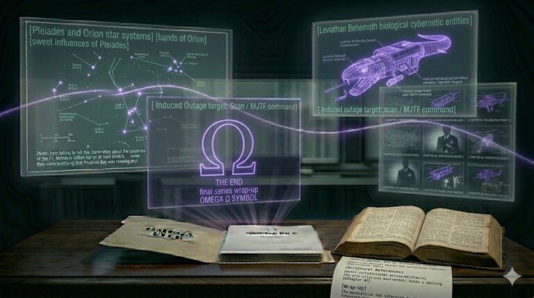 A ghost-unified tactical image showing Bible passages, Orion star charts, and Leviathan wireframes unified by a glowing violet thread.