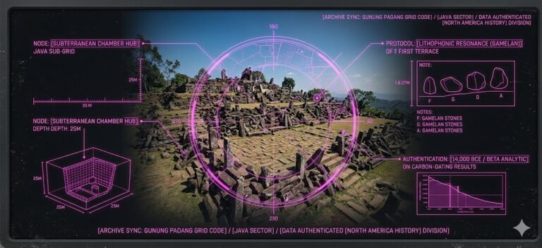 A photorealistic forensic visualization of the Gunung Padang terraces in Java with a tactical neon-magenta HUD overlay showing subterranean chambers.