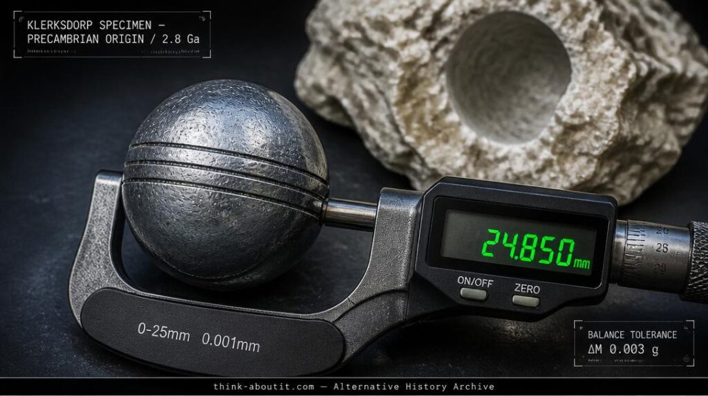 A single Klerksdorp sphere with three perfectly parallel equatorial grooves resting on a dark laboratory surface under examination light with a digital micrometer caliper and a chunk of raw pyrophyllite matrix behind it