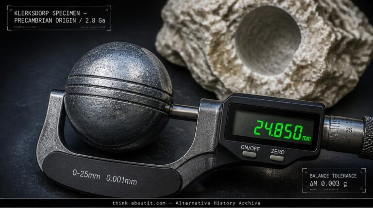 A single Klerksdorp sphere with three perfectly parallel equatorial grooves resting on a dark laboratory surface under examination light with a digital micrometer caliper and a chunk of raw pyrophyllite matrix behind it