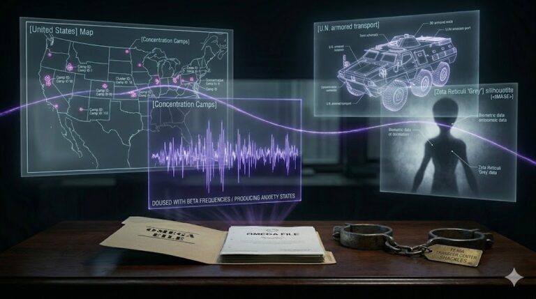A ghost-unified tactical image showing camp maps, U.N. transports, and frequency waveforms unified by a glowing violet thread