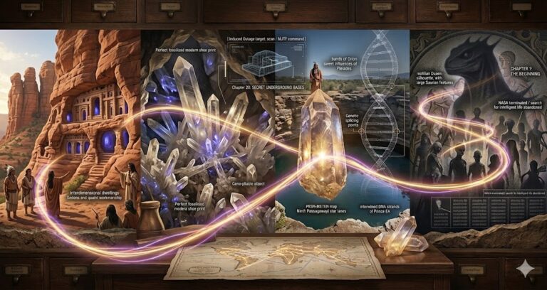 A photorealistic cinematic mosaic showing Lemurian cliff dwellings, a crystalline mainframe, and an elder at Montezuma's Well.