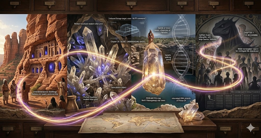 A photorealistic cinematic mosaic showing Lemurian cliff dwellings, a crystalline mainframe, and an elder at Montezuma's Well.