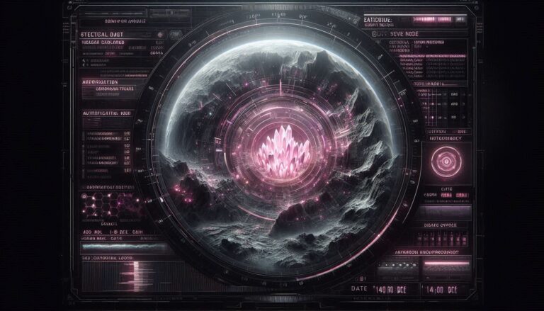 A photorealistic forensic visualization of a Lemurian crystalline record chamber inside the Earth's crust with a tactical neon-magenta HUD overlay.