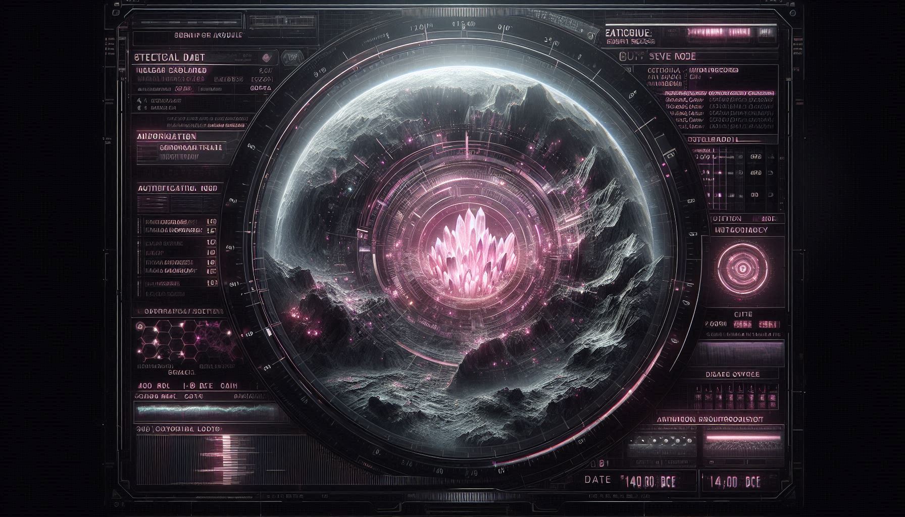 A photorealistic forensic visualization of a Lemurian crystalline record chamber inside the Earth's crust with a tactical neon-magenta HUD overlay.
