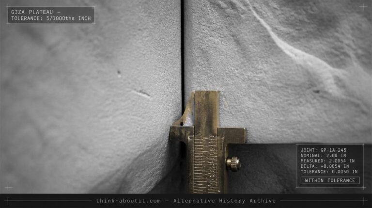 Extreme close-up of two Great Pyramid casing stones meeting at a polished joint with a 2/100ths inch mortar gap visible as a dark hairline and a brass surveyor caliper resting against the surface for scale