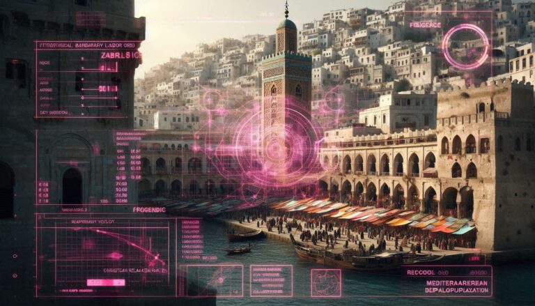 A photorealistic forensic visualization of a Barbary Coast slave market with a tactical neon-magenta HUD overlay showing trade routes and population data.