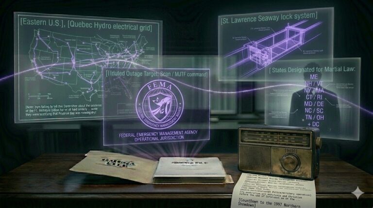 A ghost-unified tactical image showing hydro-grid maps, Seaway lock wireframes, and Martial Law lists unified by a glowing violet thread.