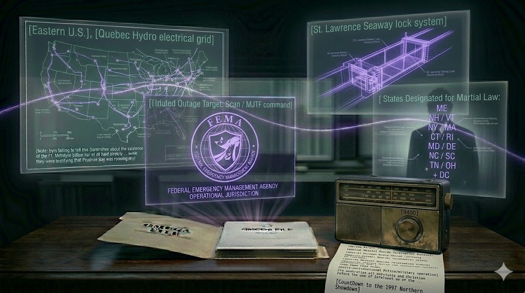 A ghost-unified tactical image showing hydro-grid maps, Seaway lock wireframes, and Martial Law lists unified by a glowing violet thread.
