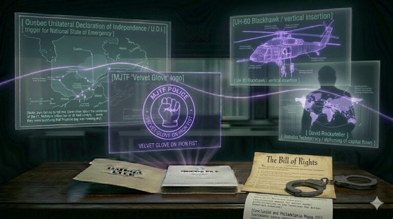 A ghost-unified tactical image showing Quebec maps, Blackhawk wireframes, and Rockefeller silhouettes unified by a glowing violet thread.