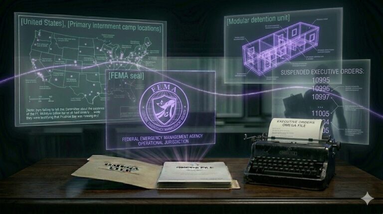 A ghost-unified tactical image showing camp locations, modular detention units, and FEMA seals unified by a glowing violet thread.