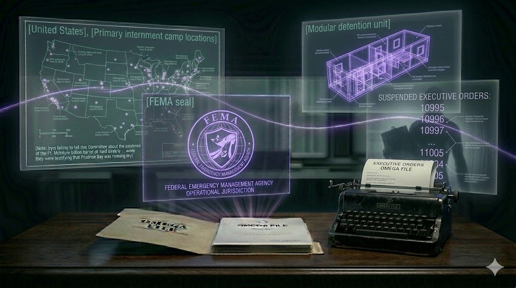 A ghost-unified tactical image showing camp locations, modular detention units, and FEMA seals unified by a glowing violet thread.