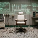 A photorealistic forensic visualization of a 1950s psychiatric exam room with a tactical