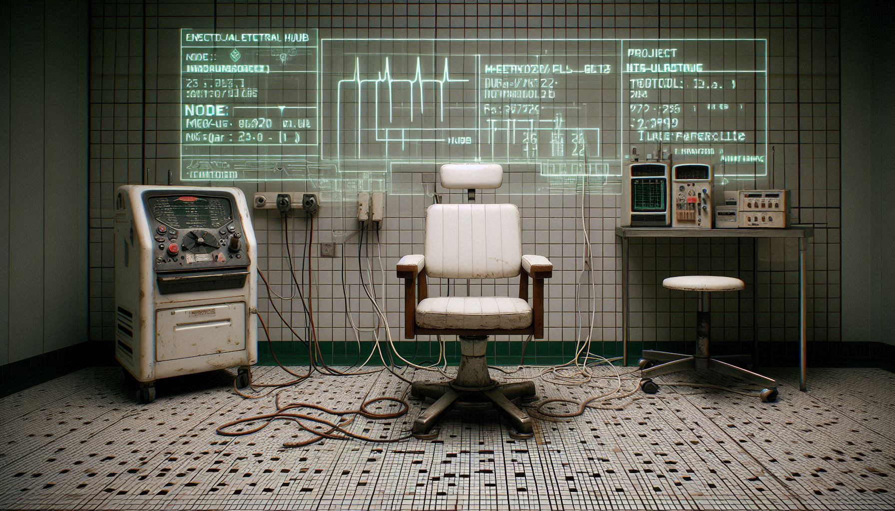 A photorealistic forensic visualization of a 1950s psychiatric exam room with a tactical