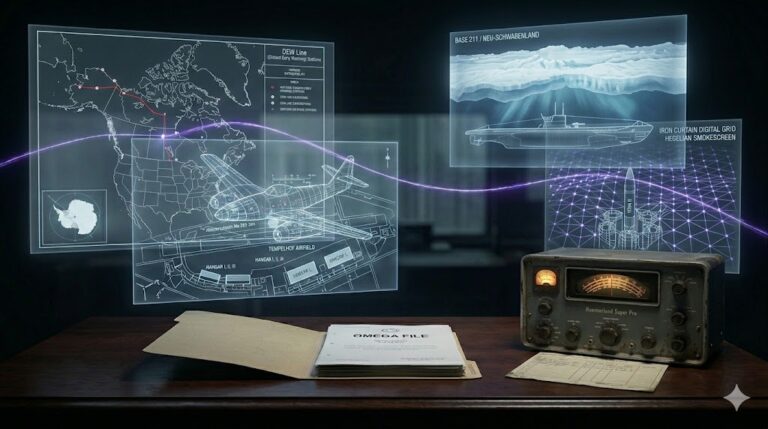 A ghost-unified tactical image showing DEW line maps, U-boat silhouettes, and nuclear silo wireframes unified by a glowing violet thread.