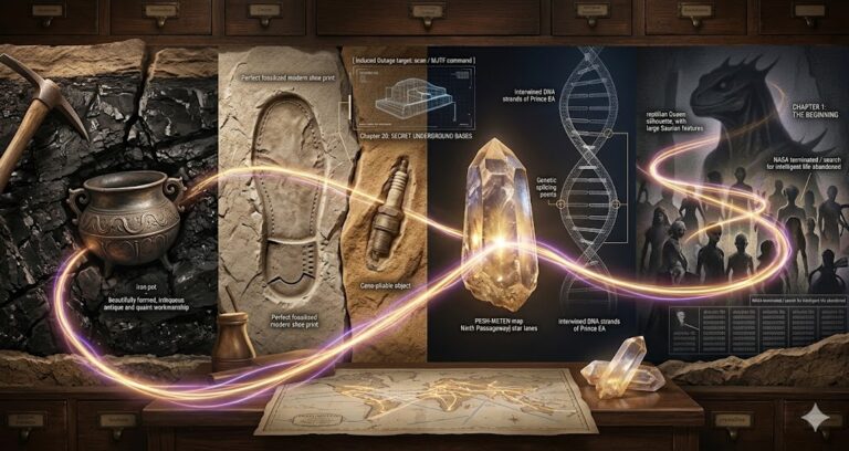 A photorealistic cinematic mosaic showing an iron pot in coal, a fossilized shoe print, and a gold chain embedded in quartz.