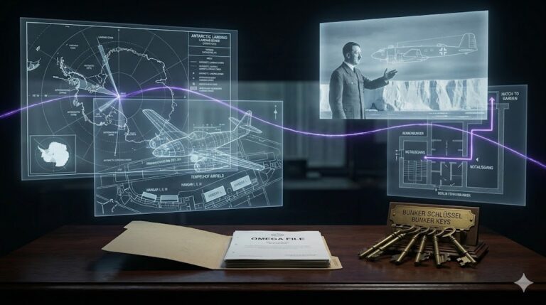 A ghost-unified tactical image showing jet schematics, bunker exits, and Antarctic ice walls unified by a glowing violet thread.