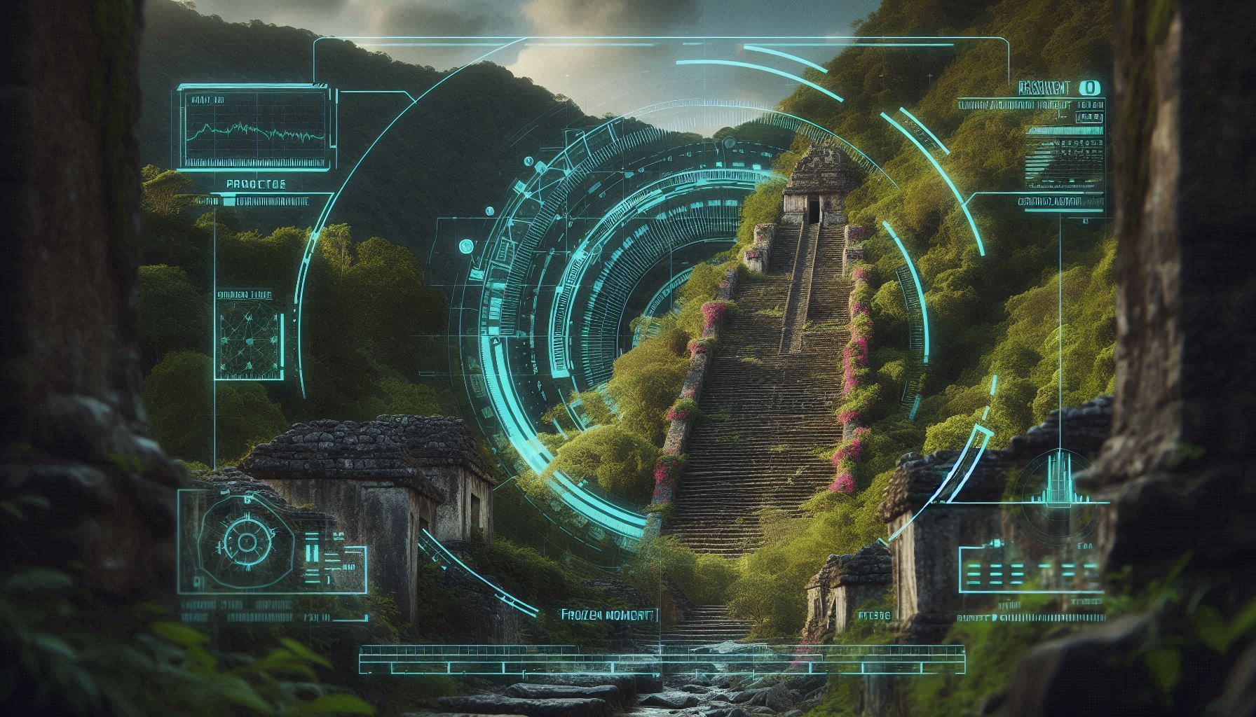 A photorealistic forensic visualization of the Kiuic "Stairway to Heaven" ruins with a tactical neon-magenta HUD overlay showing abandonment vectors.