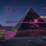A photorealistic forensic visualization of the Giza Pyramids showing geological flood layers and technical HUD data overlays.