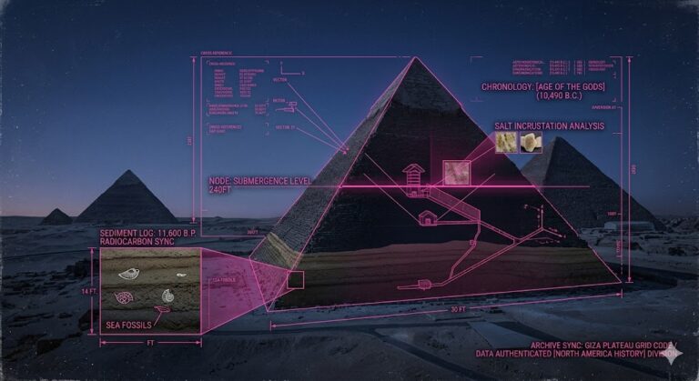 A photorealistic forensic visualization of the Giza Pyramids showing geological flood layers and technical HUD data overlays.