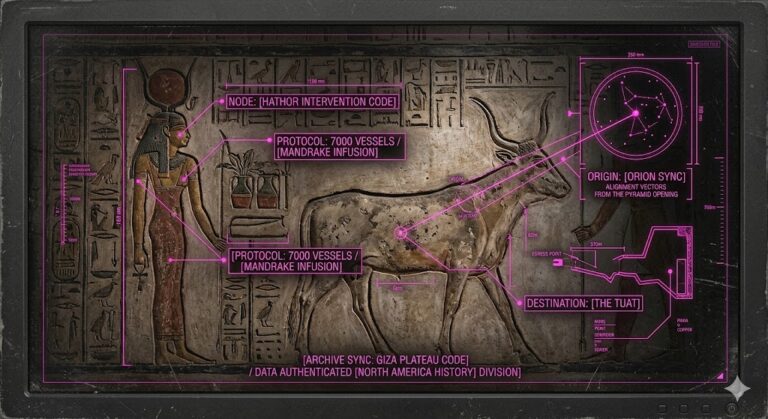 A photorealistic forensic visualization of the hieroglyphic walls in the Tomb of Seti I with a tactical neon-magenta HUD overlay showing destruction protocols.