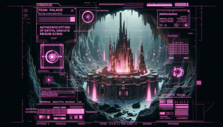 A photorealistic forensic visualization of a subterranean Atlan palace (Tean City) with a tactical neon-magenta HUD overlay showing Dero vision-beam vectors.