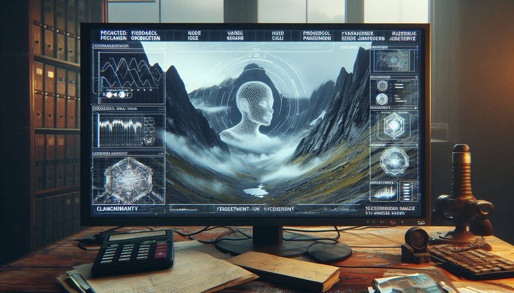 A photorealistic forensic visualization of a 1970s Norwegian forest with a tactical neon-magenta HUD overlay showing sanded fingerprints and journal codes.