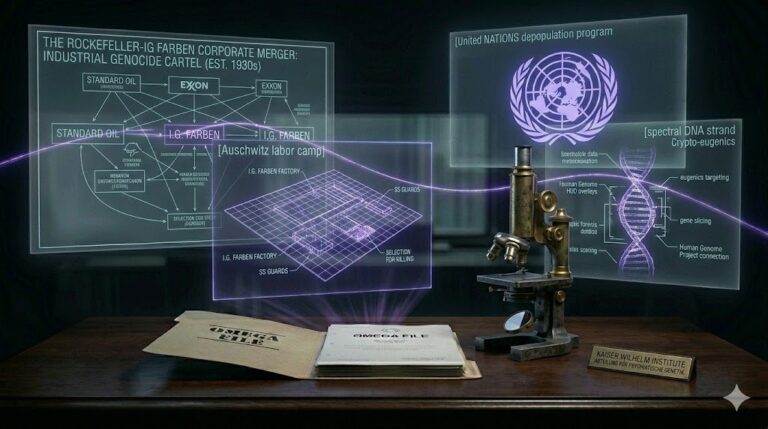 A ghost-unified tactical image showing eugenics institutes, corporate cartels, and U.N. seals unified by a glowing violet thread.