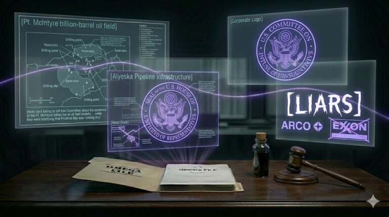 A ghost-unified tactical image showing oil field maps, Congressional gavels, and corporate deception overlays unified by a glowing violet thread.