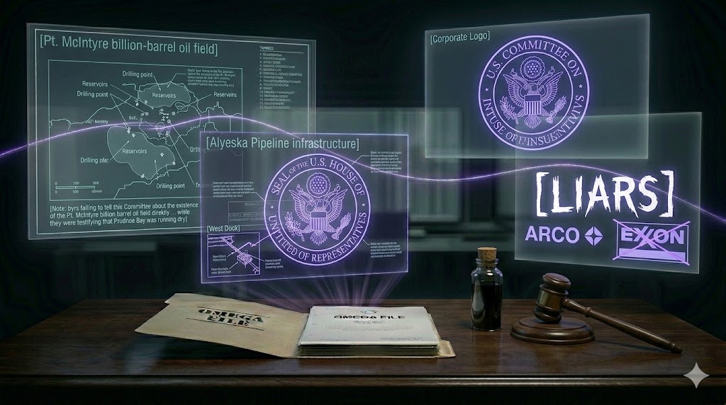 A ghost-unified tactical image showing oil field maps, Congressional gavels, and corporate deception overlays unified by a glowing violet thread.