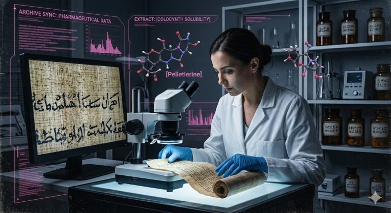 Forensic researcher analyzing Ancient Egyptian medical papyri with a tactical HUD overlay showing pharmaceutical data.
