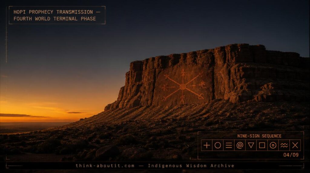 A weathered sandstone mesa at dusk in the Hopi homeland with a barely visible petroglyph of the prophecy rock showing two diverging paths carved into the mesa face against an indigo and amber sky