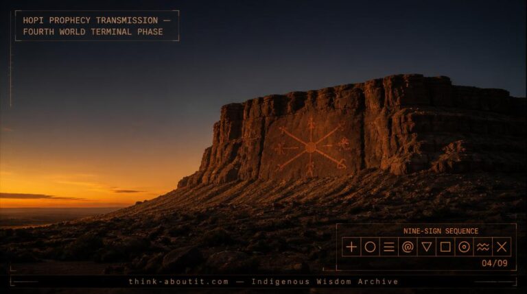 A weathered sandstone mesa at dusk in the Hopi homeland with a barely visible petroglyph of the prophecy rock showing two diverging paths carved into the mesa face against an indigo and amber sky