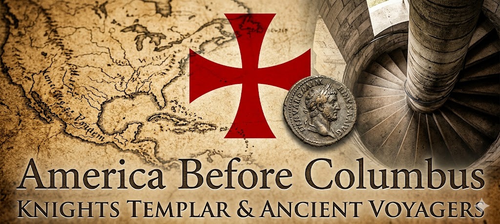 Technical schematic of pre-Columbian artifacts including Knights Templar cross, Roman coins, and Newport Tower architecture.