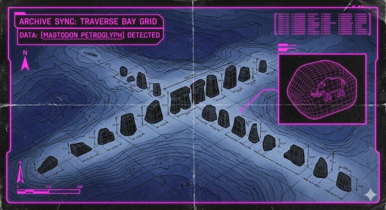 Technical HUD visualization of the underwater stone alignment in Grand Traverse Bay, Lake Michigan.