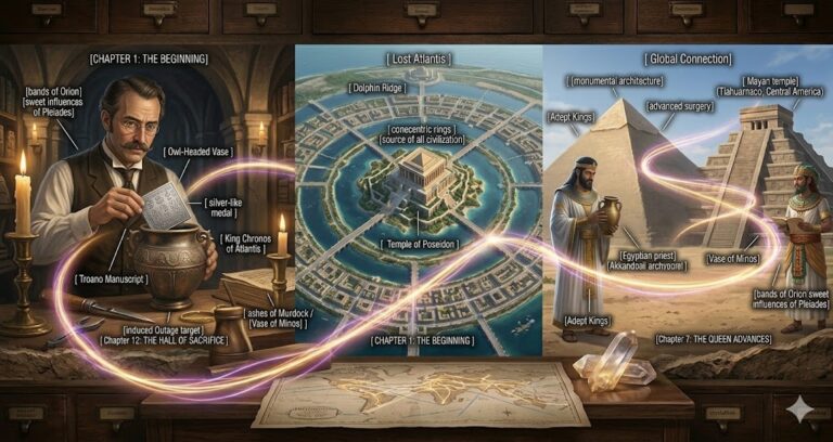 A photorealistic cinematic mosaic showing the Owl-Headed Vase, the sunken Dolphin Ridge, and the comparison of Egyptian and Mayan architecture.