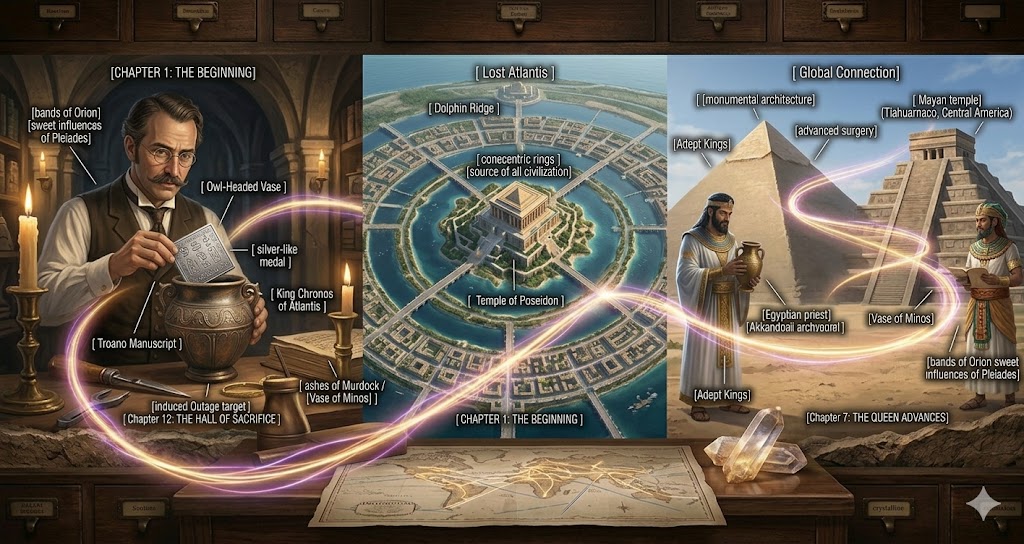 A photorealistic cinematic mosaic showing the Owl-Headed Vase, the sunken Dolphin Ridge, and the comparison of Egyptian and Mayan architecture.