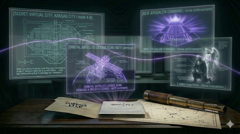 A ghost-unified tactical image showing subterranean city blueprints, Orion star charts, and the pyramidal City of Light unified by a glowing violet thread.