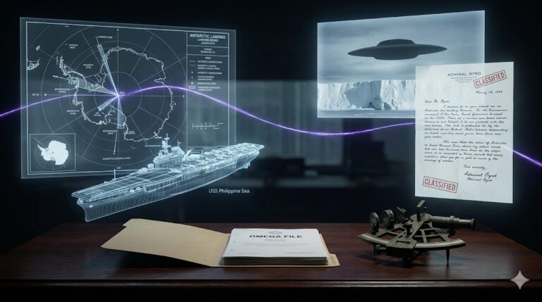 A ghost-unified tactical image showing Antarctic maps, naval ship wireframes, and UFO silhouettes unified by a glowing violet thread.