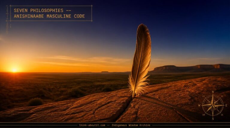A single eagle feather standing upright in a crack in sun-warmed sandstone casting a long shadow with a vast open plain and mesa horizon in the background at golden hour