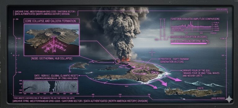 A photorealistic forensic visualization of the Santorin volcano erupting with a tactical neon-magenta HUD overlay showing blast vectors.