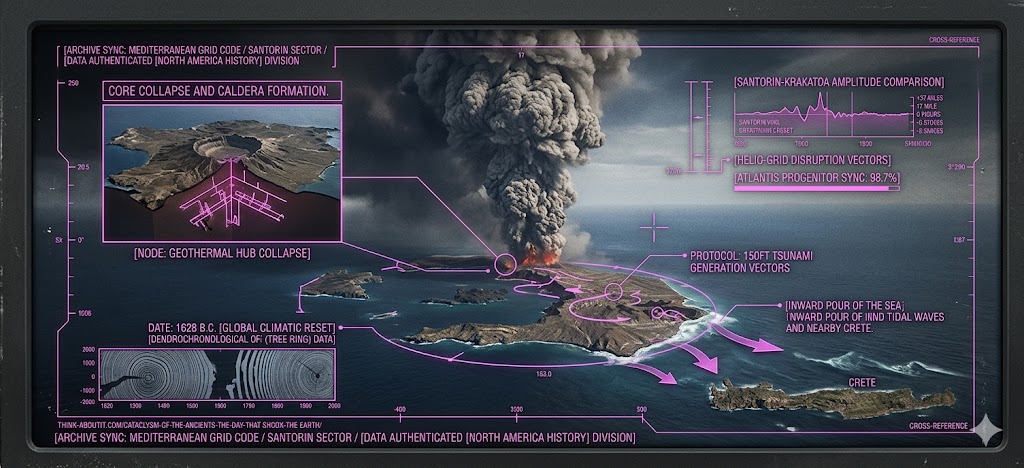 A photorealistic forensic visualization of the Santorin volcano erupting with a tactical neon-magenta HUD overlay showing blast vectors.