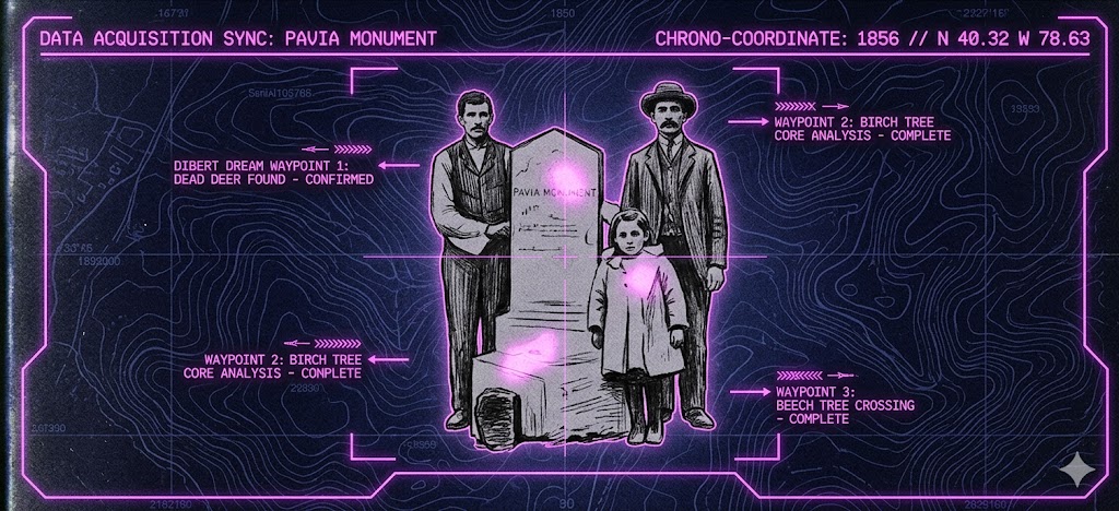 Tactical HUD visualization of the 1856 Pavia Monument, rendered in deep indigo and neon-magenta with coordinates and dream waypoints.