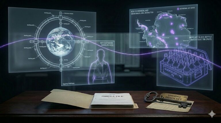 A ghost-unified tactical image showing space station schematics, Rudolph Hess silhouettes, and mercury cargo unified by a glowing violet thread.