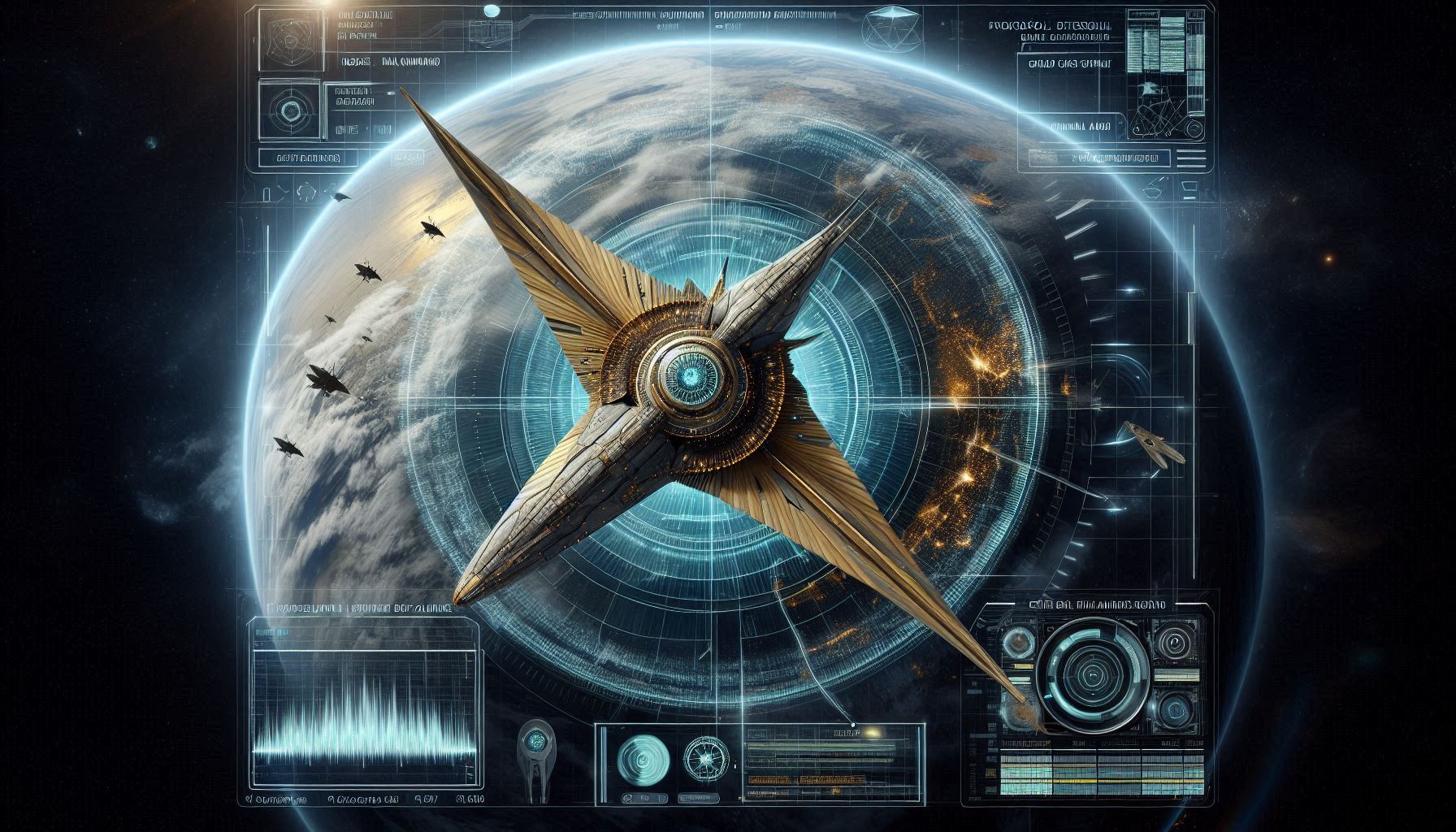 A photorealistic forensic visualization of an Eridean plasma carrier intercepting an Anunnaki winged-disc craft with a tactical neon-magenta HUD overlay.